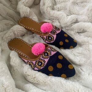 Figue Pointed Embroidered Flats/Mules with PomPoms Size 9